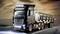 A black lorry with a trailer is driving on a road at sunset. Six rounded structures are attached to the trailer.