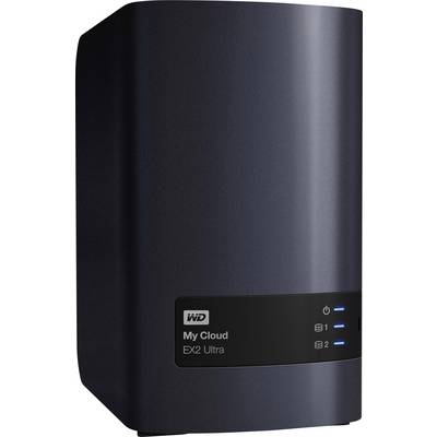 A black network-attached storage (NAS) with three LED indicators on the front, labelled 'WD My Cloud EX2 Ultra'.