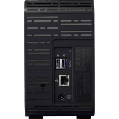Back of a black network storage device with connections: two USB ports, one LAN port, and a DC input for power supply.