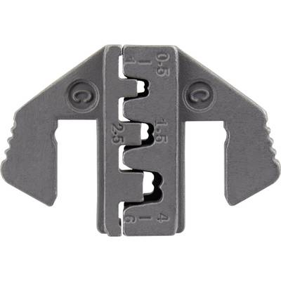 Metal clip with multiple groove sizes, marked with numbers (0.5, 1.5, 2.5) and a letter (C), presumably for cable fixation.