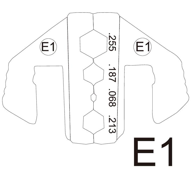 Technical drawing of a tool with hexagonal profiles and size dimensions: 255, 187, 068, 213. Marked as 'E1'.