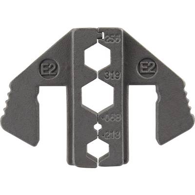 Metal crimping tool with multiple sizes for crimp connections, marked with 'E2' and numbers indicating various wire gauges.