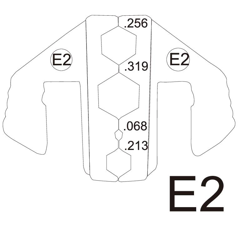 Tool with five hexagonal stepped cutouts, labelled '.256', '.319', '.068', '.213'. Sides marked with 'E2'.