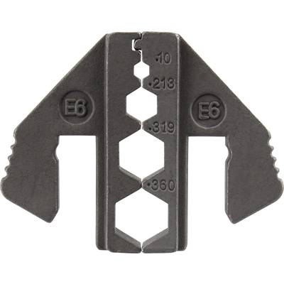 Metal tool with hexagonal cutouts in various sizes, marked with 'E6', likely for size determination or adjustments.