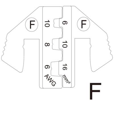 Cable crimping profile with labels: 'F', '10-18 AWG', '0.8-1.5 mm²'. Tool for processing cables or wires.