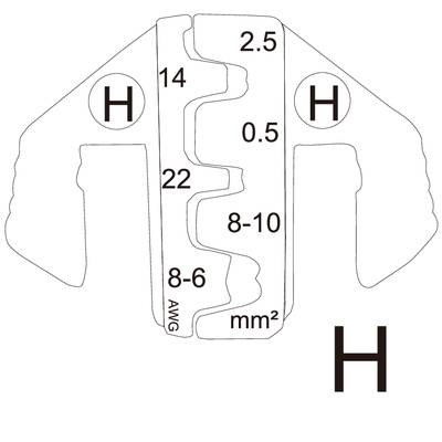'Measuring tool for cable cross-sections'. Shows size specifications for cables from 0.5 to 10 mm², marked with 'H'.