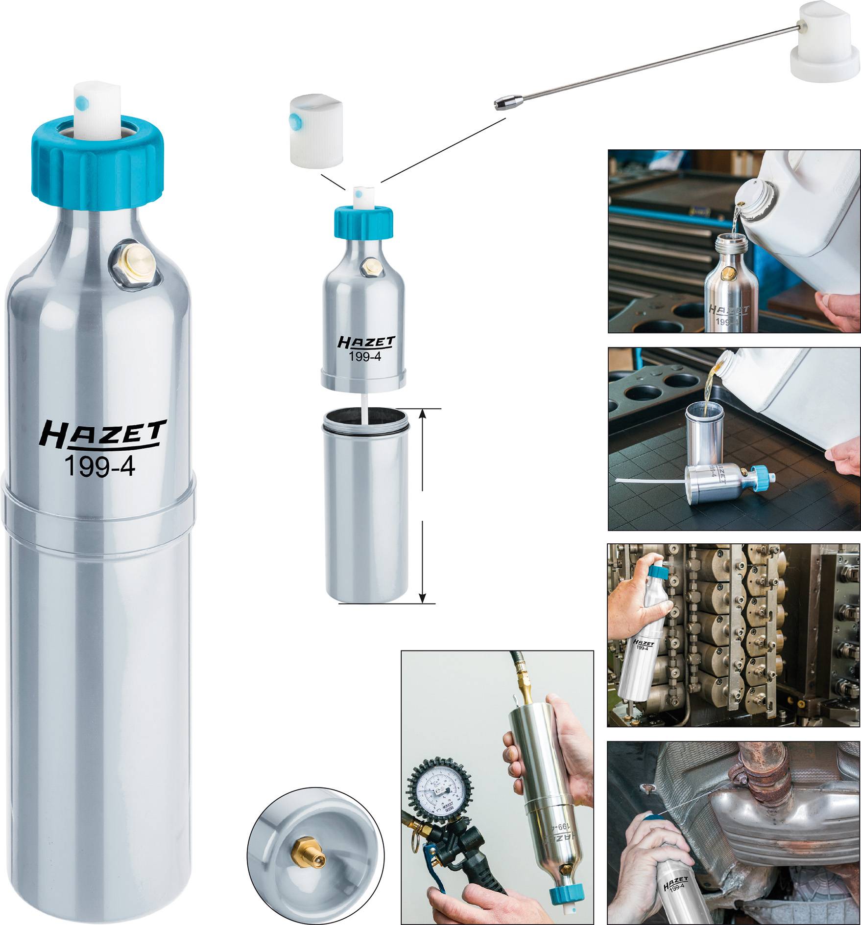 'HAZET' 199-4 Pressure Sprayer: shows details of bottle design, filling capacity, application examples for lubricating machine parts.