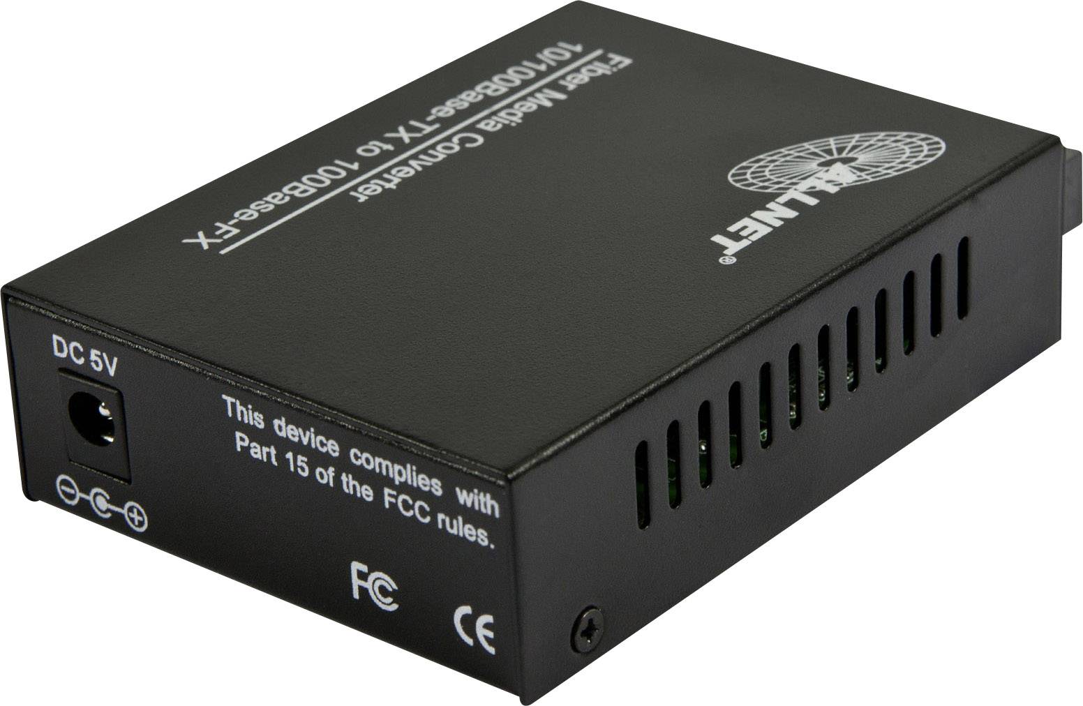 A black-cased Ethernet media converter with Ethernet and fibre optic ports, suitable for converting network signals.