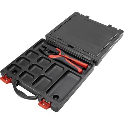 An open toolbox with red pliers in one compartment and additional empty compartments, suitable for storing tools.