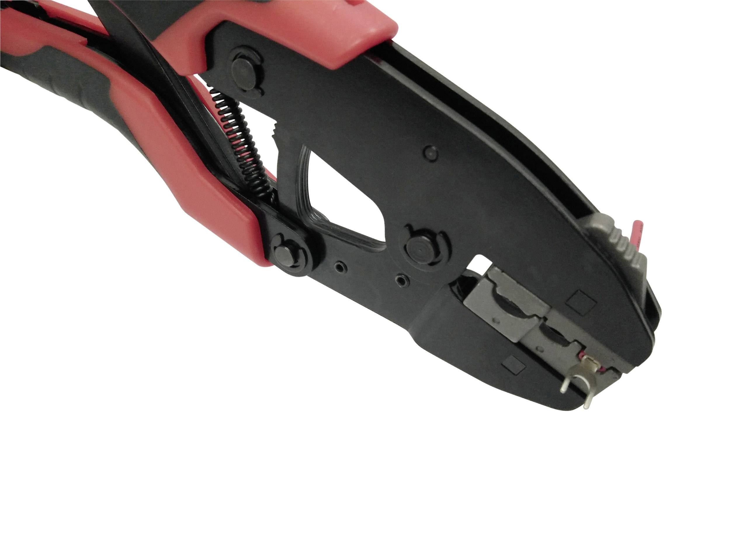 'Crimping pliers with red handle, suitable for cable work, in close-up.'
