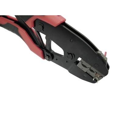 'Crimping pliers with red handle, suitable for cable work, in close-up.'