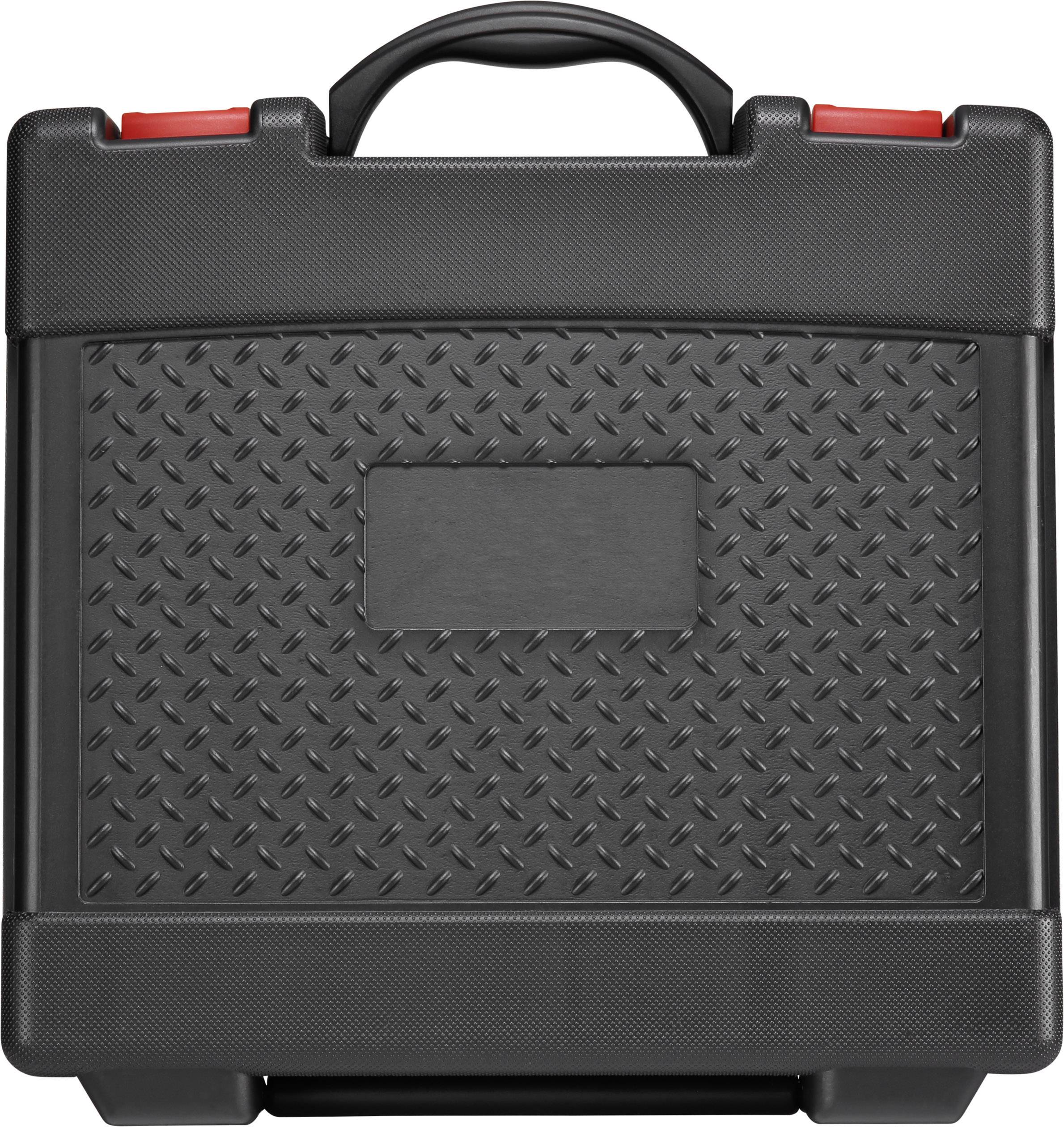 Black plastic case with textured surface and red latches, bears no visible brand or text logo.