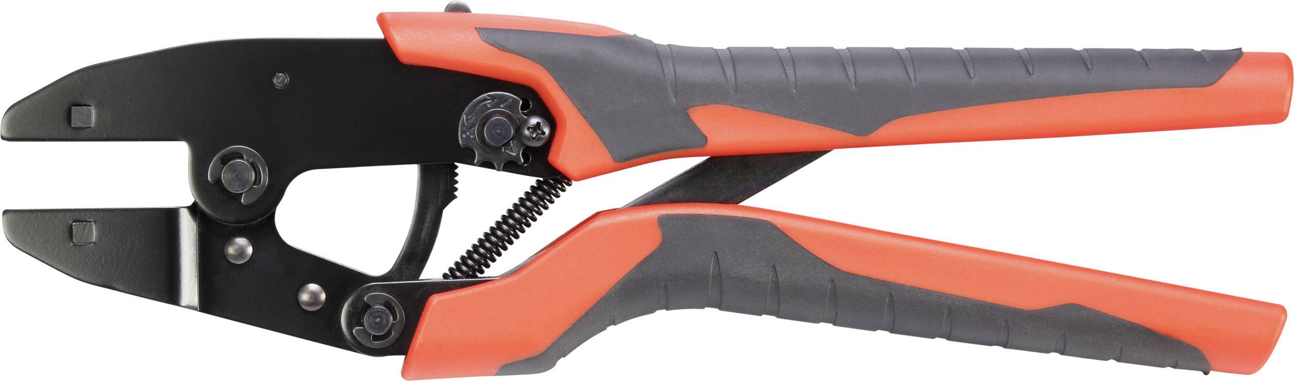 A red and black crimping pliers with spring mechanism for connecting wires or cables by crimping.