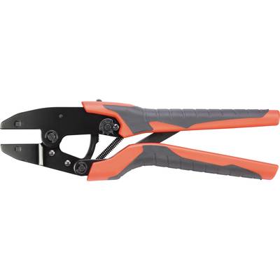 A red and black crimping pliers with spring mechanism for connecting wires or cables by crimping.