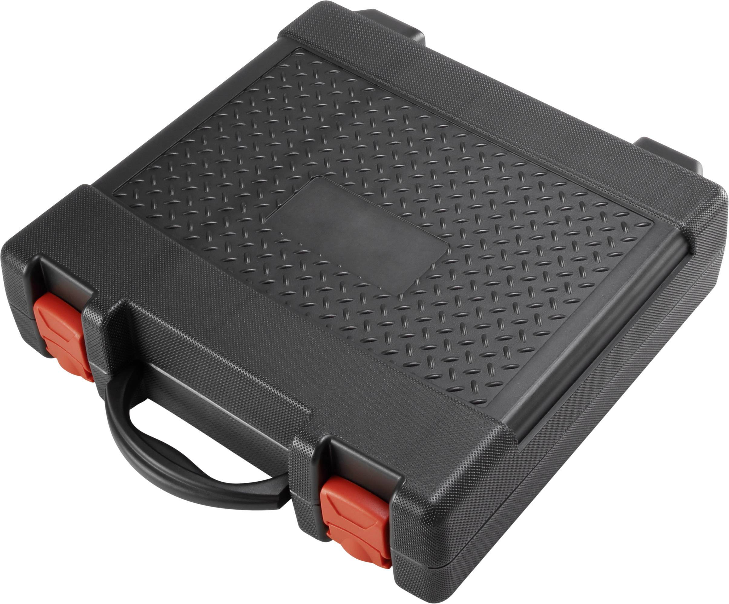 Black tool case with red lock and carrying handle.