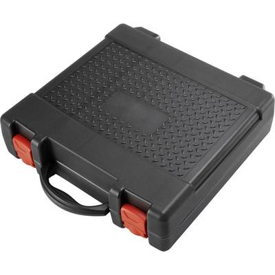 Black tool case with red lock and carrying handle.
