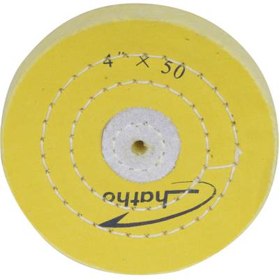 Yellow polishing disc with stitched circles and a central hole. Inscription: '4" X 50 Enkay'.