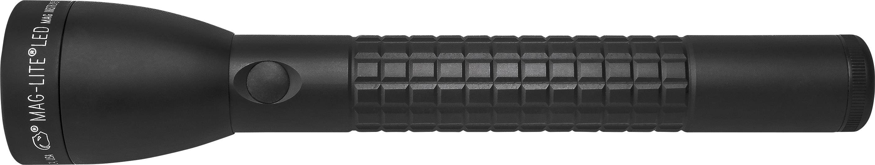 Black torch with a ribbed handle and a button.