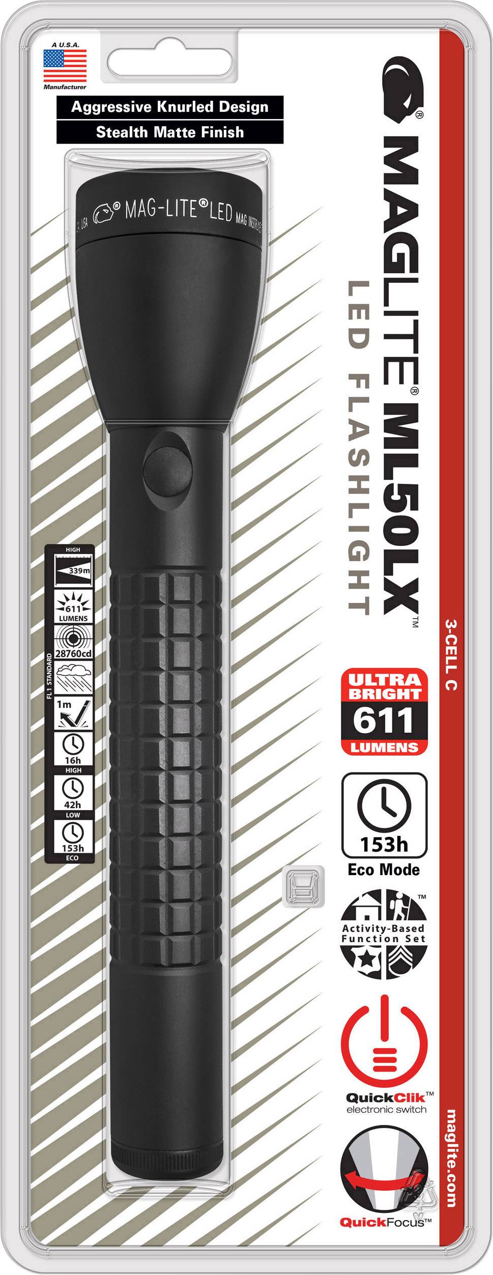 'Maglite ML50LX LED Torch in Packaging. Distinctive Features: Aggressive Knurled Surface, 611 Lumens, 153 Hours Eco Mode.'