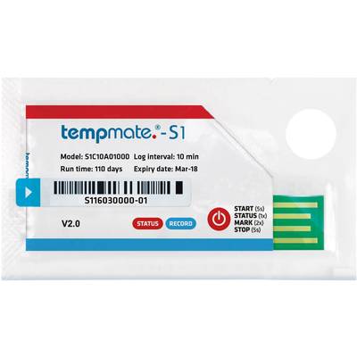 Data logger 'tempmate.-S1' with model number and serial number. Runtime: 110 days. Expiry date: March 2018. Warning: Expired.
