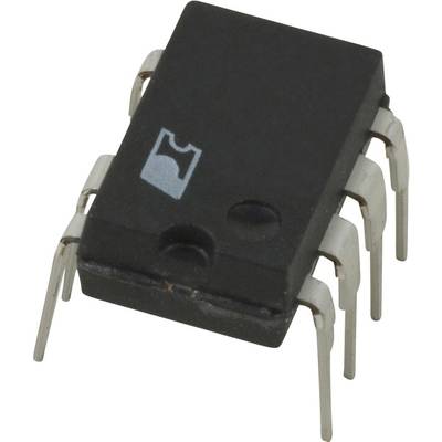 A black integrated circuit (IC) with eight silver legs, in DIP package, on a white background.