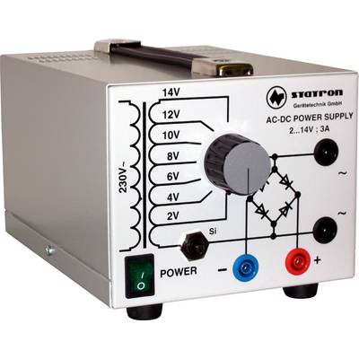 AC-DC Power Supply with selectable output voltage from 2V to 14V, 3A. Device control knob and connection sockets visible at the front.