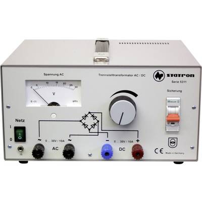 Transformer device with voltage meter, rotary controller, switches and connections for AC and DC. Brand 'Statron', Series 5311. Made in Germany.