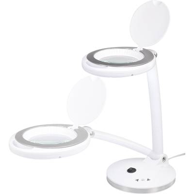 White desk lamp with two round light heads and integrated magnifying glass, both on adjustable arms, suitable for precision work.