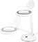 White desk lamp with two round light heads and integrated magnifying glass, both on adjustable arms, suitable for precision work.