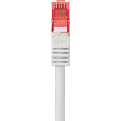 A red Ethernet cable with a white plug, commonly used for network installations.