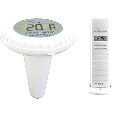 'White thermometer for pool and surrounding area with digital display. Left display: Pool temperature 20.1°C. Right display: Ambient temperature 27.5°C.'