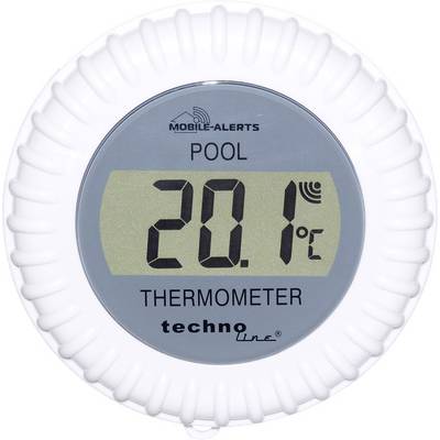 Round pool thermometer with digital display shows 20.1 degrees Celsius.
