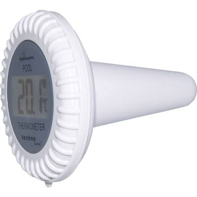 A white pool thermometer with a digital display is showing '20.1°C'.