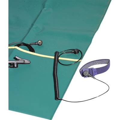 A green medical earthing cloth with a fastening clip, cables, and a wristband for discharging electrical charges.