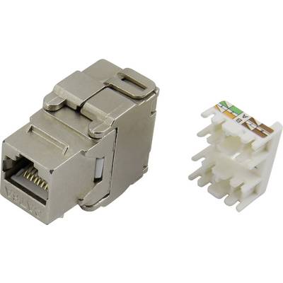 'CAT 6A' metal network connector situated next to a plastic module for cable connections. Suitable for high-speed data transmission.