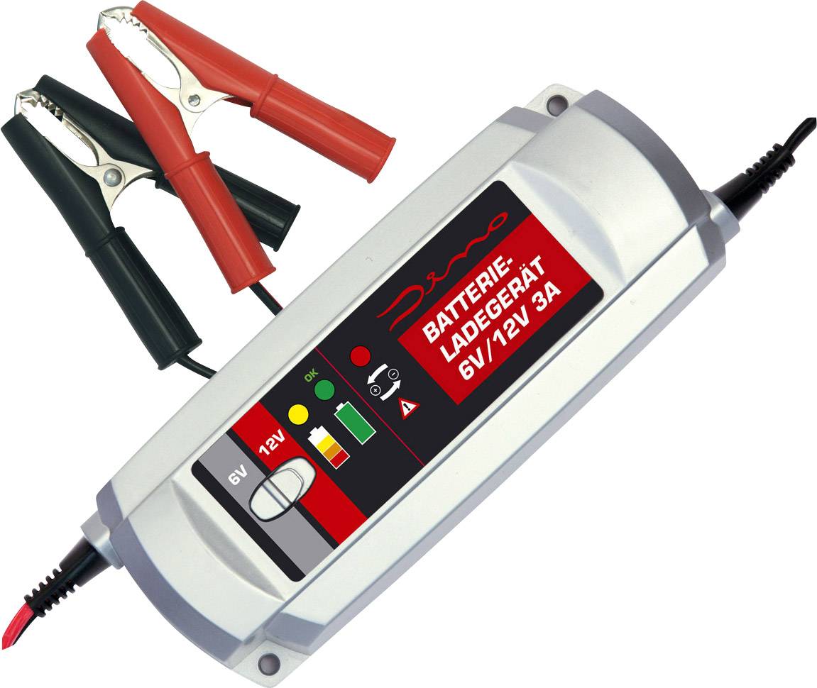 A silver battery charger with red and black clamps is shown. Label reads: 'Battery Charger 6V/12V 3A'.