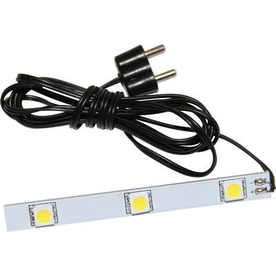 LED strip with three yellow lights, connected to a black cable with a plug. Suitable for lighting purposes.