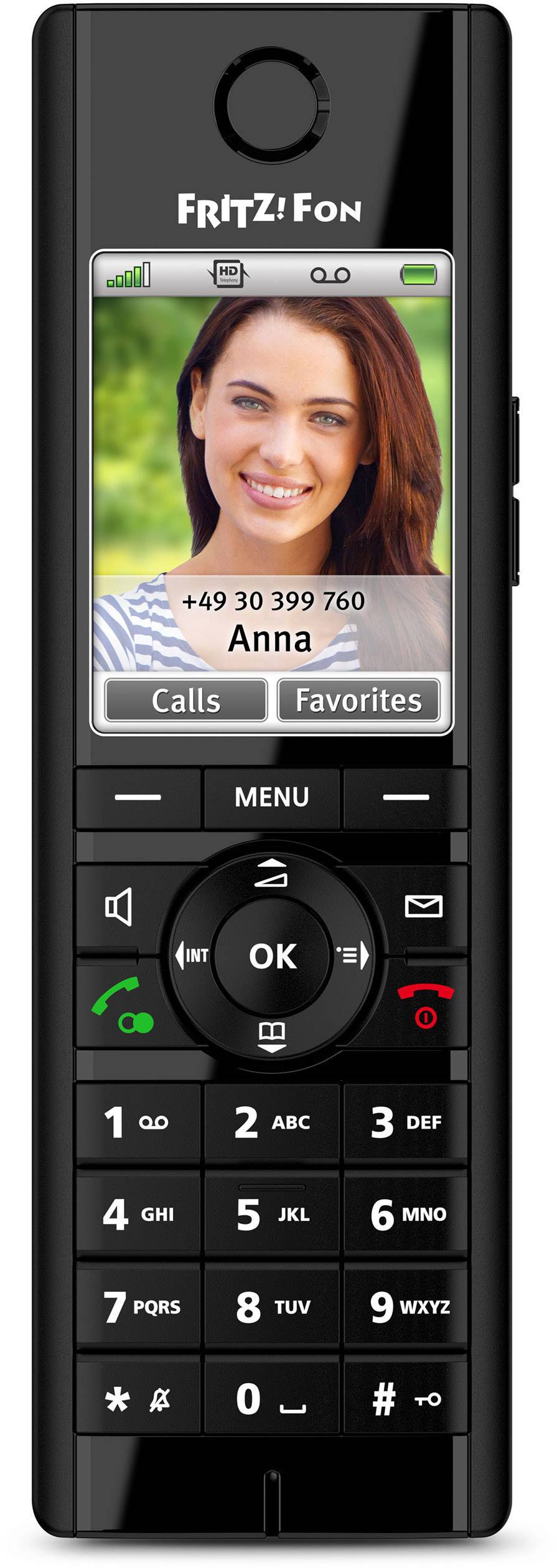Cordless telephone with display showing a contact 'Anna' with phone number and photo. Call and favourites buttons are visible.