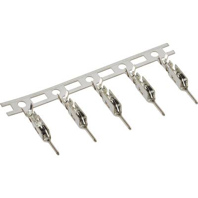 Metal strips with five evenly spaced plug contacts, suitable for electronic connections or industrial applications.