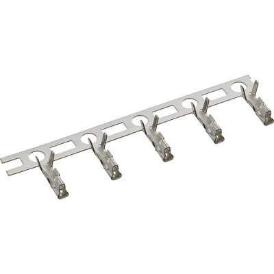 A row of five metallic connectors on a white carrier, each evenly spaced and vertically aligned.
