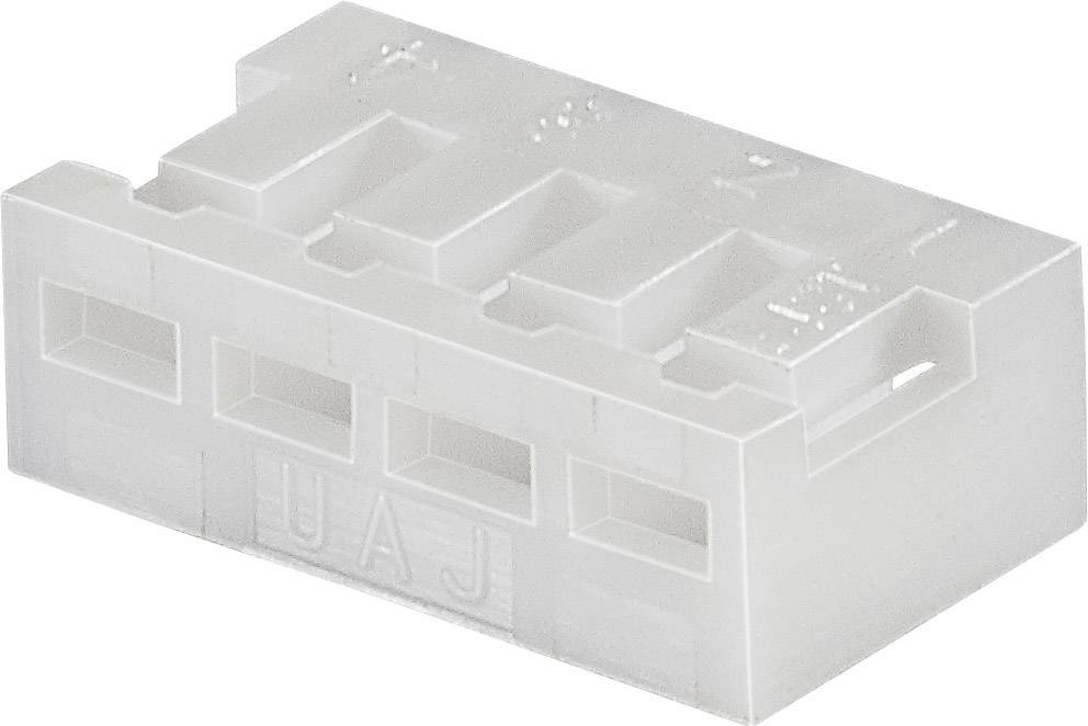 White plastic plug with four holes in a row. Embossed letters 'UAJ' on the front side.