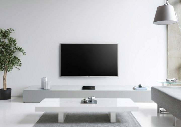 A modern living room with a flatscreen television mounted on the wall, a white low-level coffee table, and a plant in the corner.