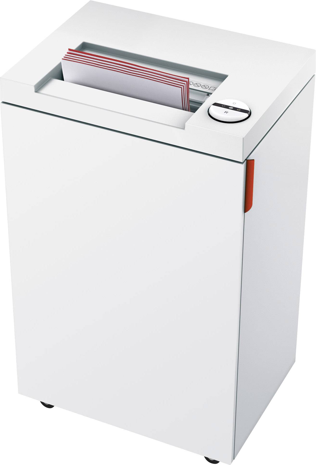A paper shredder with a white casing in operation. Several red papers are being shredded.