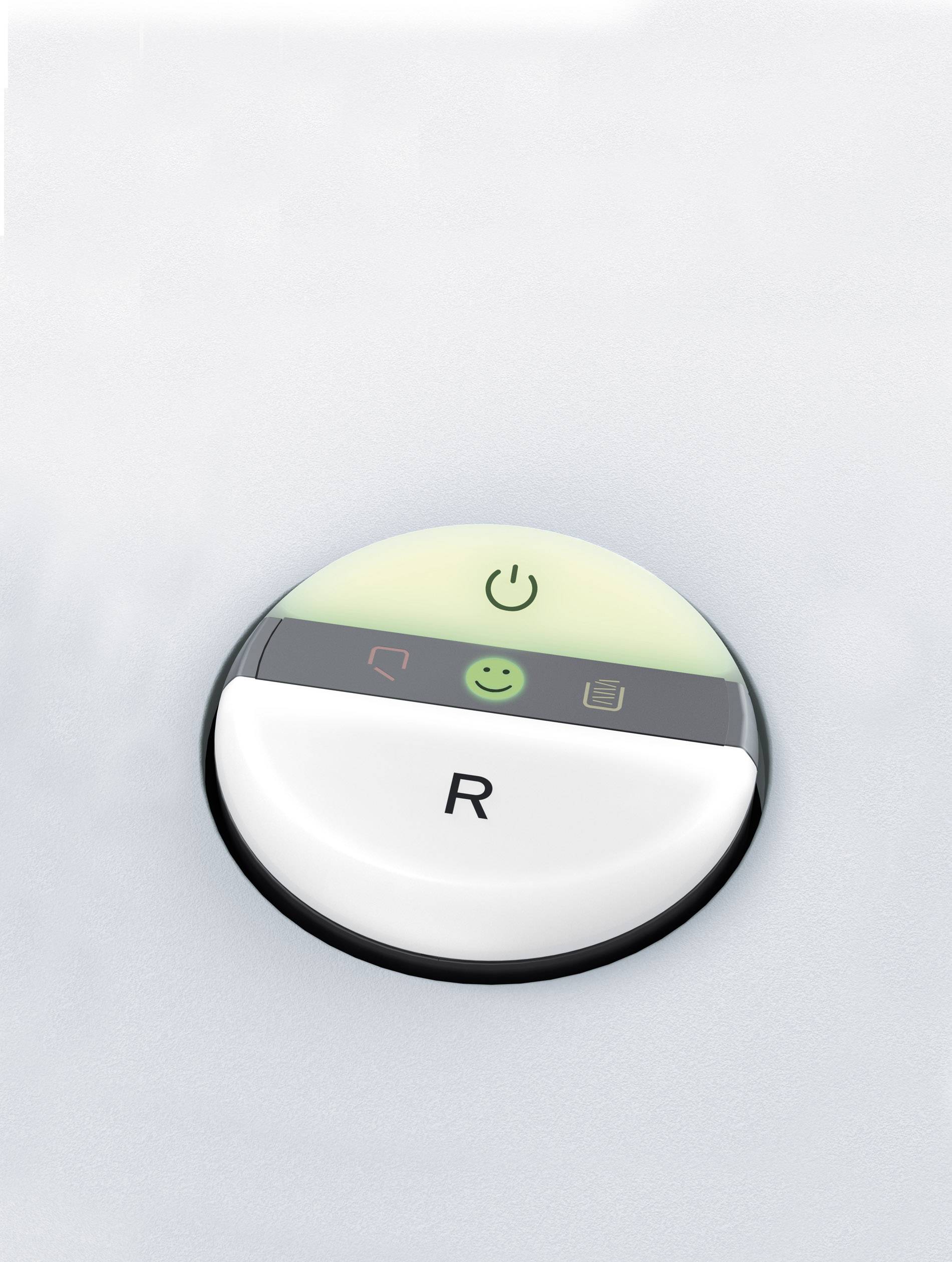 Round button with symbols: Power symbol at the top, telephone symbol on the left, smiley in the centre, document symbol on the right.