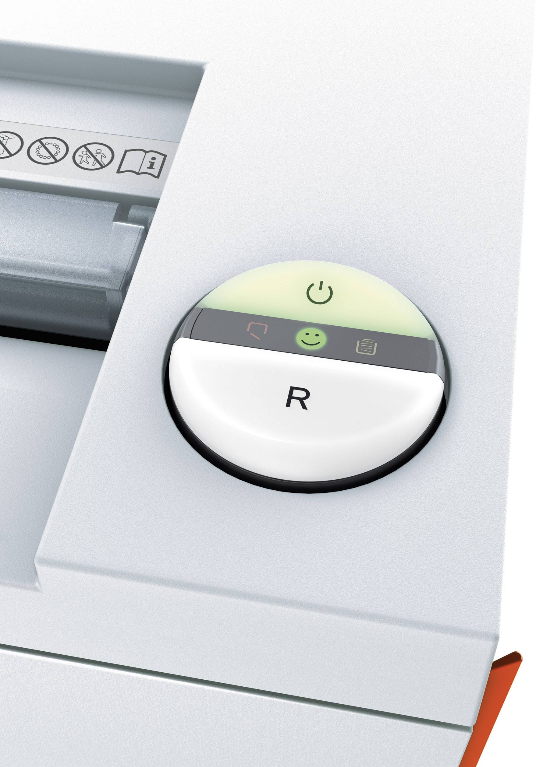 Button on a printer with a green smiley face and power on/off symbol. Symbols indicate operational readiness.