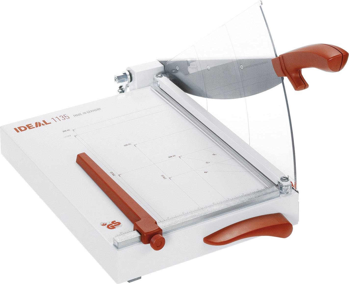 Paper guillotine with red handle and protective cover, ideal for precise cutting of paper stacks. Suitable for office work.