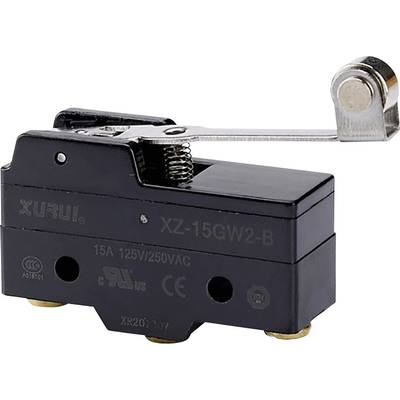 A black micro switch with a metal lever and inscription 'XZ-15GW2-B', suitable for 15A and voltage 125/250V.