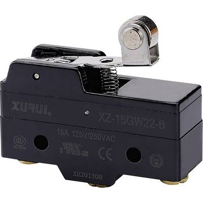 A black micro switch printed with 'XZ-15GW22-B', suitable for 15A, 125/250VAC applications.