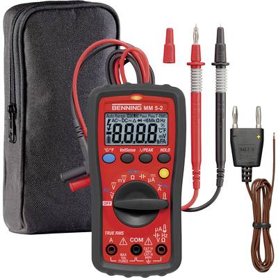 Digital multimeter with a red, rubber-coated casing, display and multiple test leads. In the background, a black carry case.
