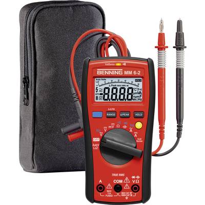 A digital multimeter with red and black test leads and accompanying black carry case. Displays an LCD screen with measurable values.